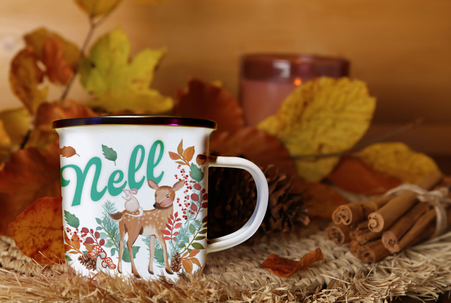 Personalised Woodland Animals Enamel Mug. Personalised Camping cup. Cute Animal Mug.
