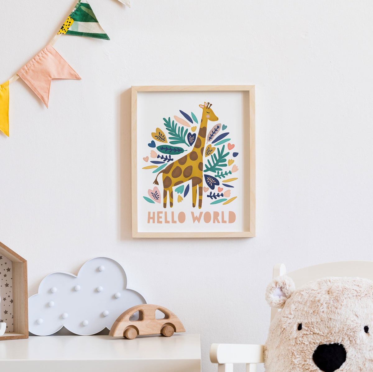 Hello World Giraffe Print. Nursery Childs Bedroom Wall Print. New Baby Gift. Christening Gift. Child's Birthday Present. Naming Day Wall Art