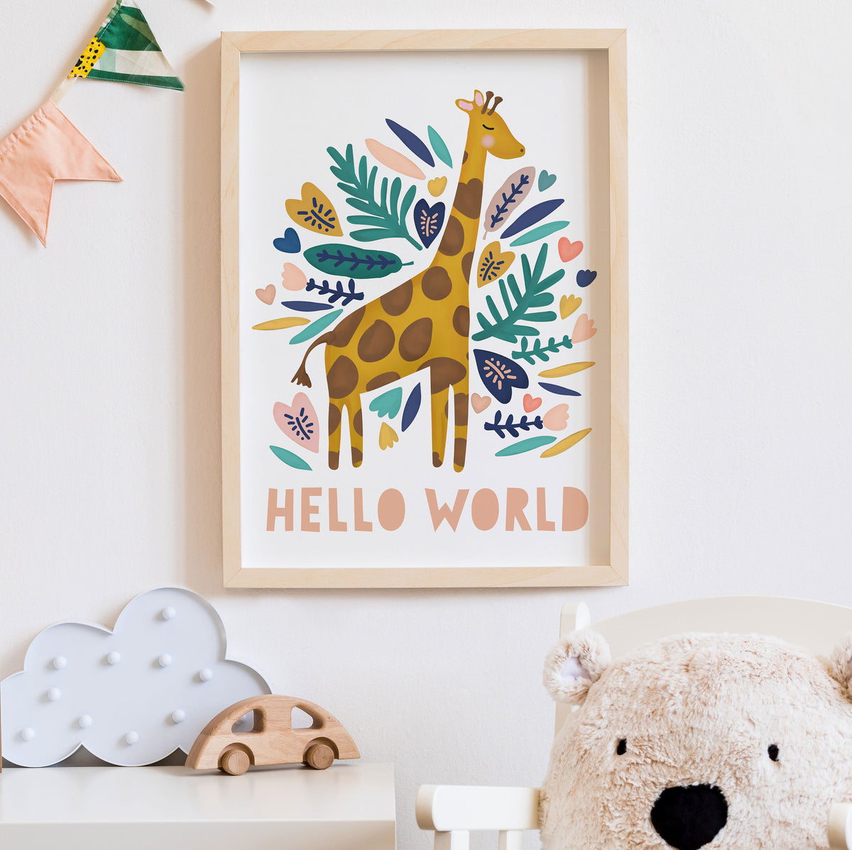 Hello World Giraffe Print. Nursery Childs Bedroom Wall Print. New Baby Gift. Christening Gift. Child's Birthday Present. Naming Day Wall Art