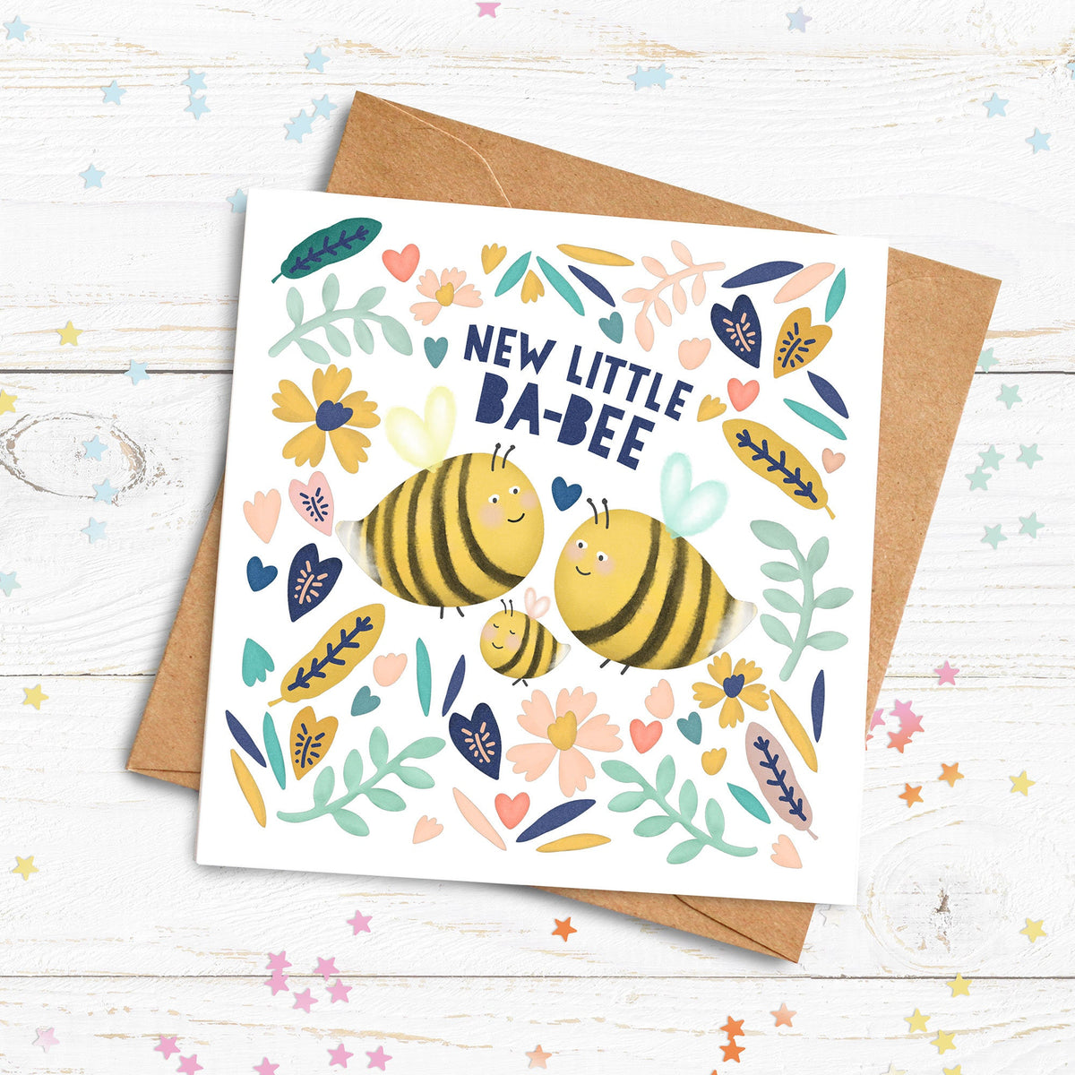 New Baby Bee Card. Personalised New Baby Card. Born on Card. Birth Celebration Card. Cute Bee Card. Send Direct Option.