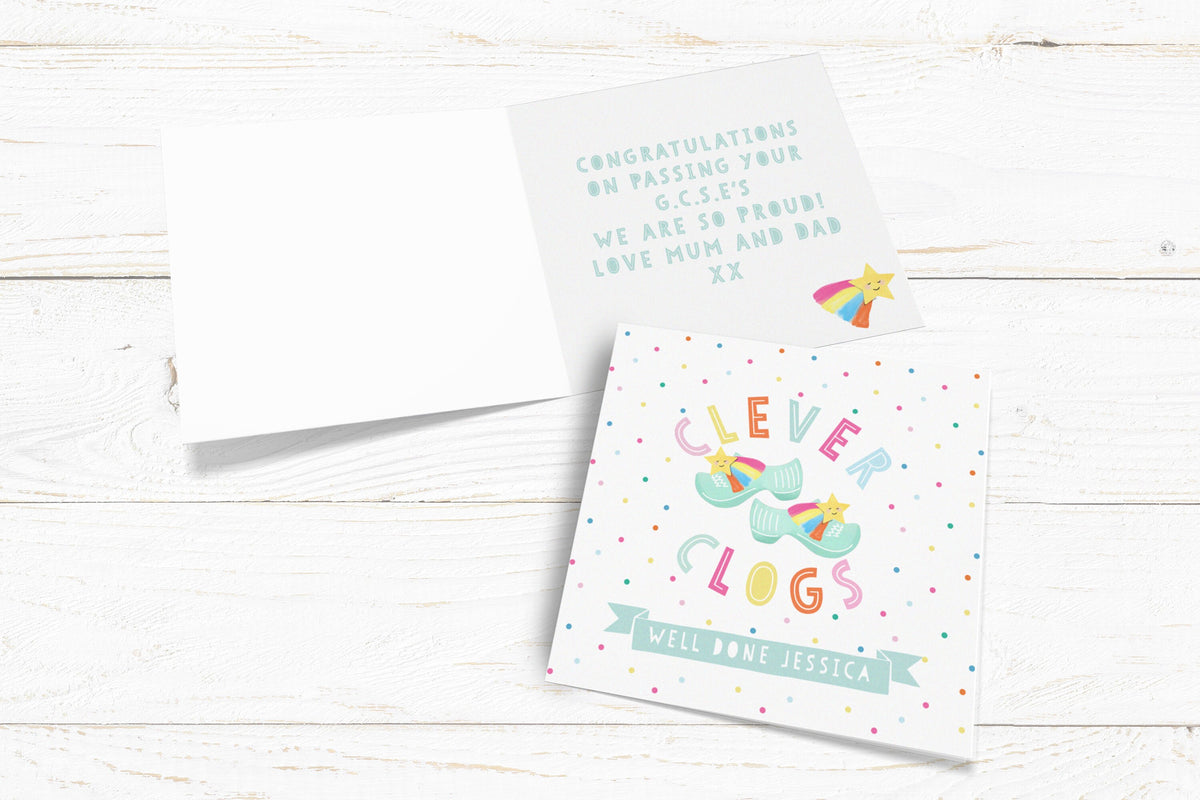 Clever Clogs Personalised Card. Congratulations Card. Passing Exams Card. Well Done. Graduation card. New Job Card. Send Direct Option