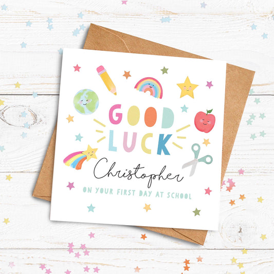 Good Luck On Your First Day At School Card. First day of school card. Good Luck Card. Nursery Card. Send Direct Option. Personalised School.