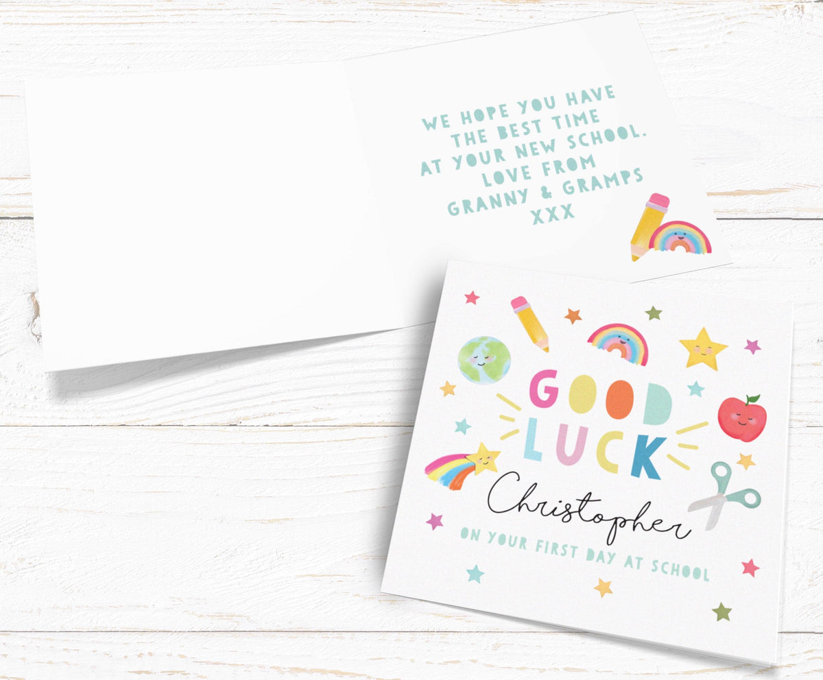 Good Luck On Your First Day At School Card. First day of school card. Good Luck Card. Nursery Card. Send Direct Option. Personalised School.