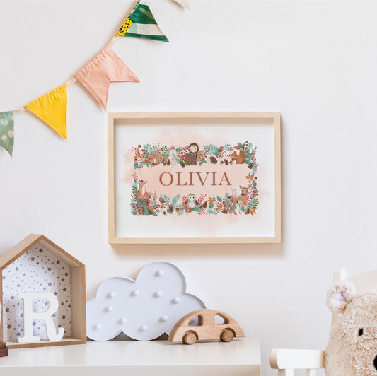 Woodland Animal Name Print. Nursery Childs Bedroom. New Baby Gift. Personalised Name Print. Child's Birthday Present. Naming Day Wall Art.