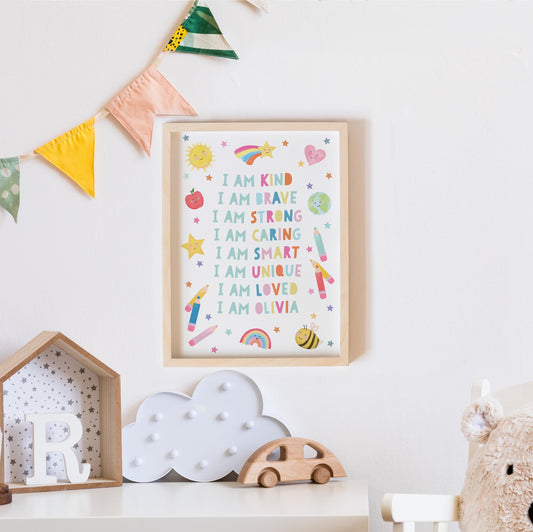 Personalised Affirmations A4 Print. Personalised print, child's room print. Child's affirmation wall art. Positive vibes wall art.