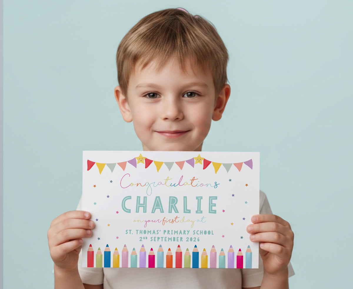Personalised First Day of School Certificate Pencil Design. first day at School, Nursery, Play Group. Cute Gift for Children.