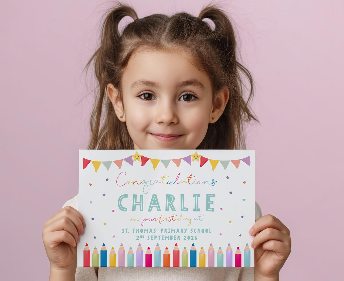 Personalised First Day of School Certificate Pencil Design. first day at School, Nursery, Play Group. Cute Gift for Children.