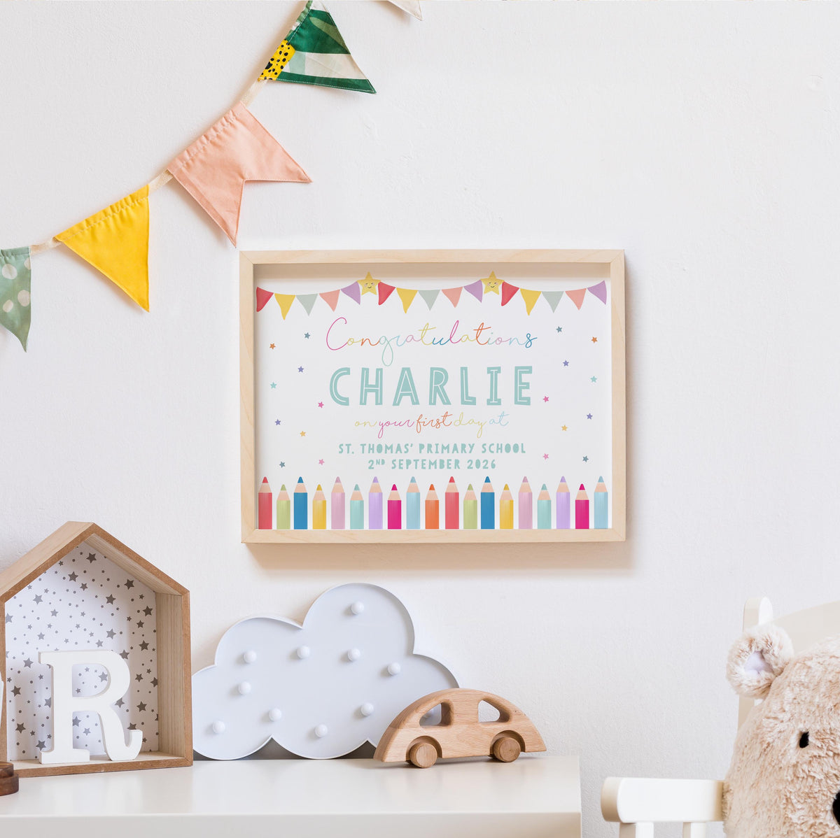 Personalised First Day of School Certificate Pencil Design. first day at School, Nursery, Play Group. Cute Gift for Children.