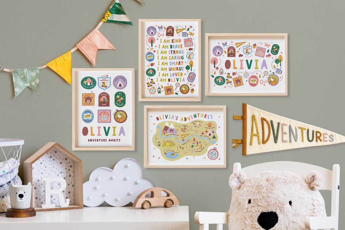 Personalised Little Adventurer Badges Print – Nursery Baby Gift (A4)