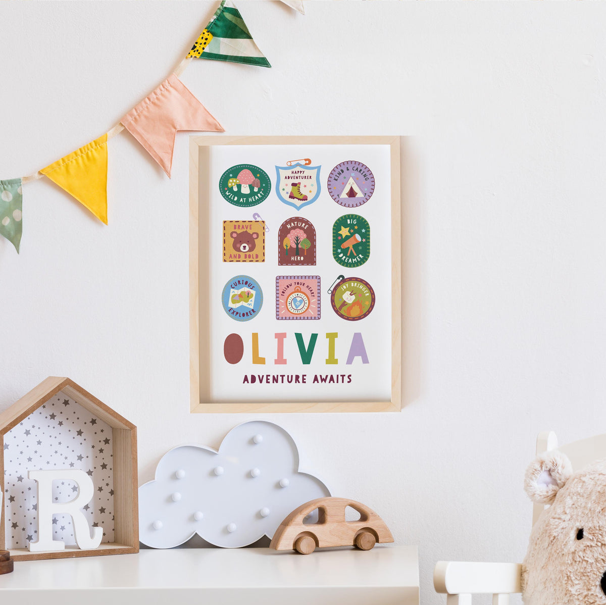 Personalised Little Adventurer Badges Print – Nursery Baby Gift (A4)