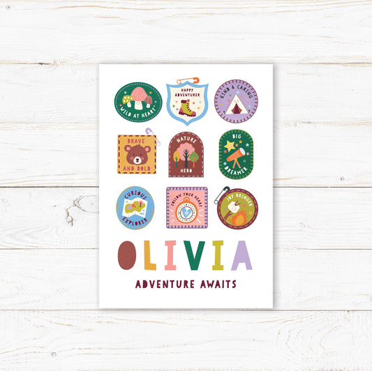 Personalised Little Adventurer Badges Print – Nursery Baby Gift (A4)