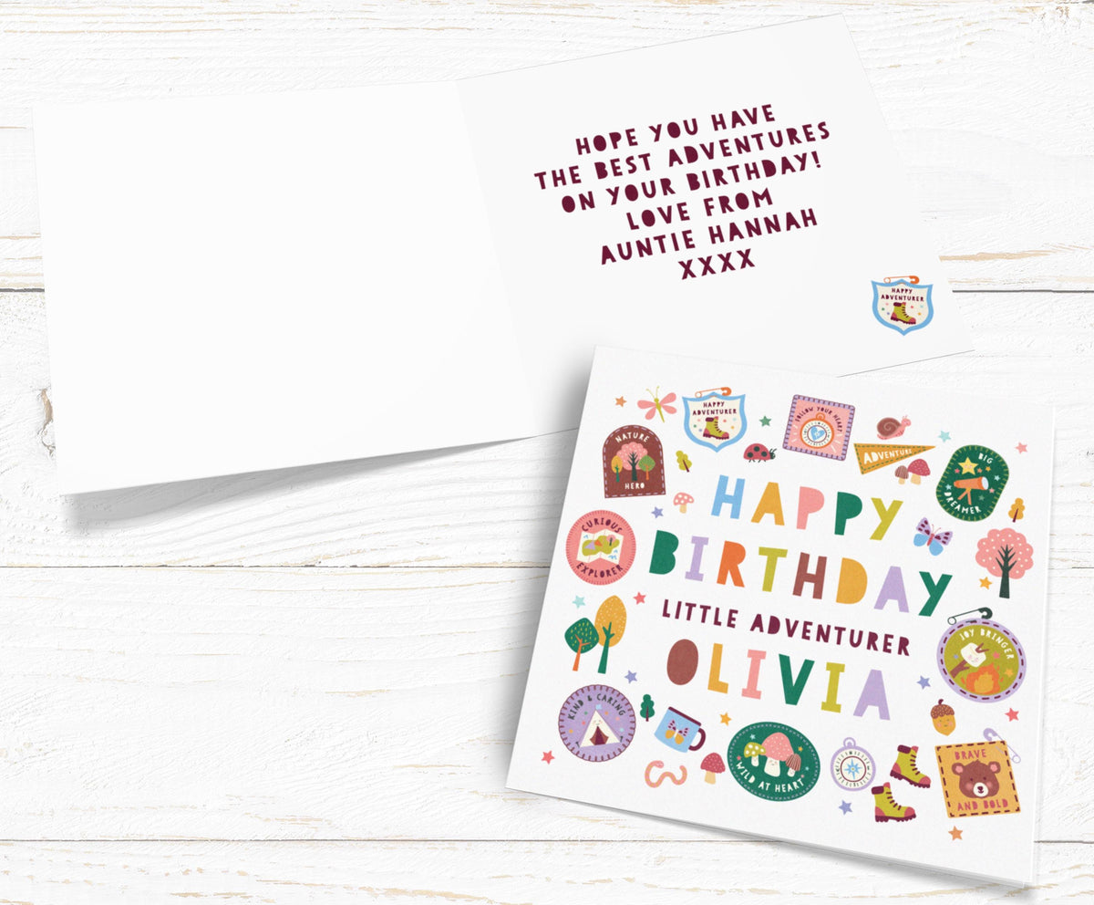 Personalised Little Adventurer Birthday Card: Camping, Nature, Woodland Theme. Happy Birthday Personalised Card for kids