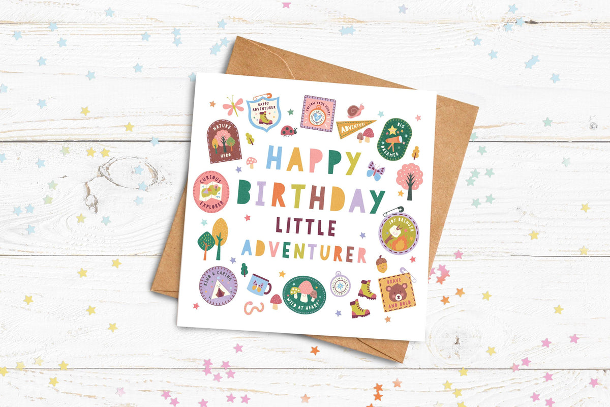Personalised Little Adventurer Birthday Card: Camping, Nature, Woodland Theme. Happy Birthday Personalised Card for kids