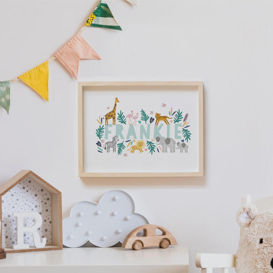 Safari Animal Name Print. Nursery Childs Bedroom. New Baby Gift. Personalised Name Print. Child's Birthday Present. Naming Day Wall Art.