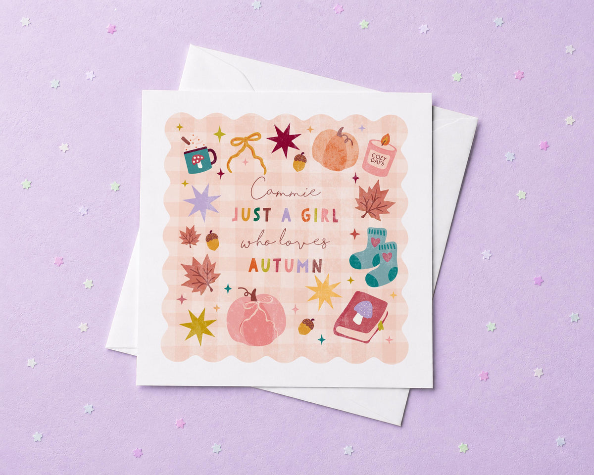 Personalised Autumn Card | Just a Girl Who Loves Autumn Card | Cosy Autumn Greeting Card