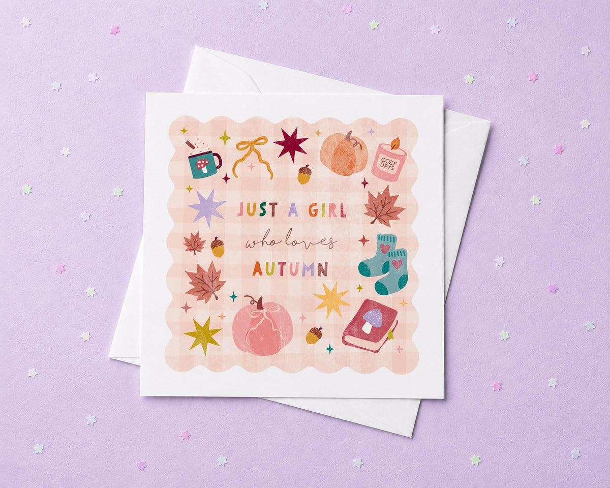 Personalised Autumn Card | Just a Girl Who Loves Autumn Card | Cosy Autumn Greeting Card