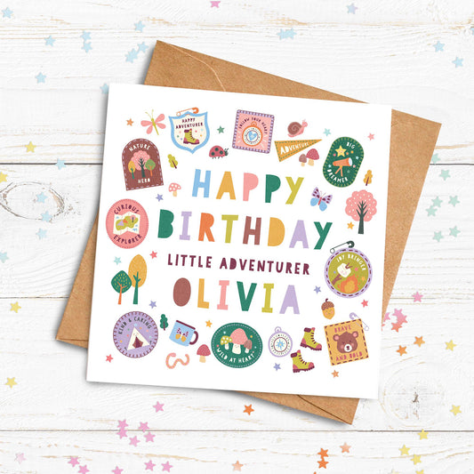 Personalised Little Adventurer Birthday Card: Camping, Nature, Woodland Theme. Happy Birthday Personalised Card for kids