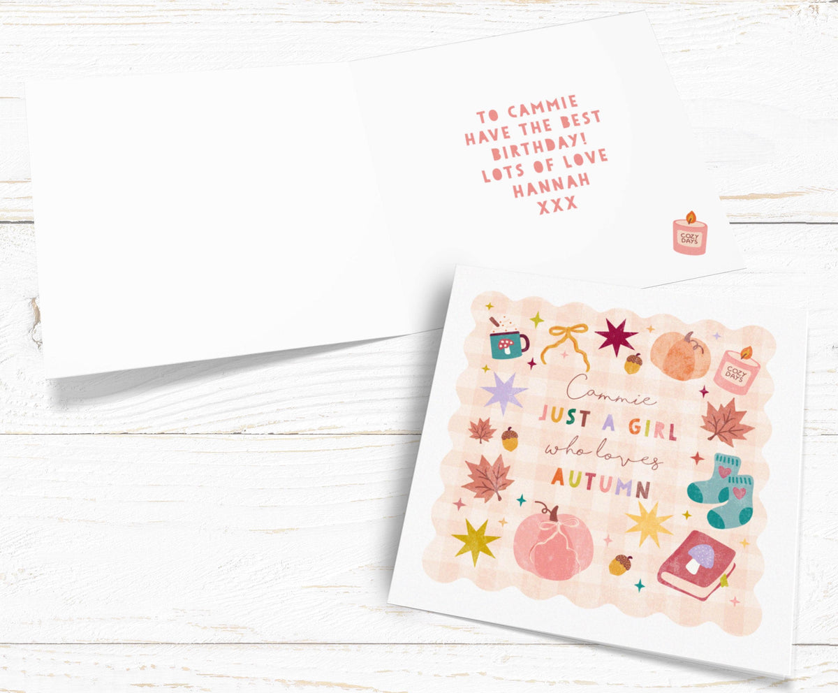 Personalised Autumn Card | Just a Girl Who Loves Autumn Card | Cosy Autumn Greeting Card