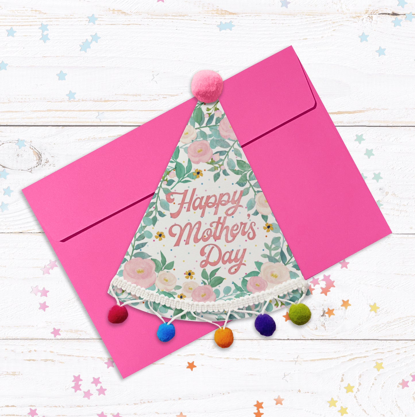 Party Hat Shaped Pom Pom Mother’s Day Personalised Card