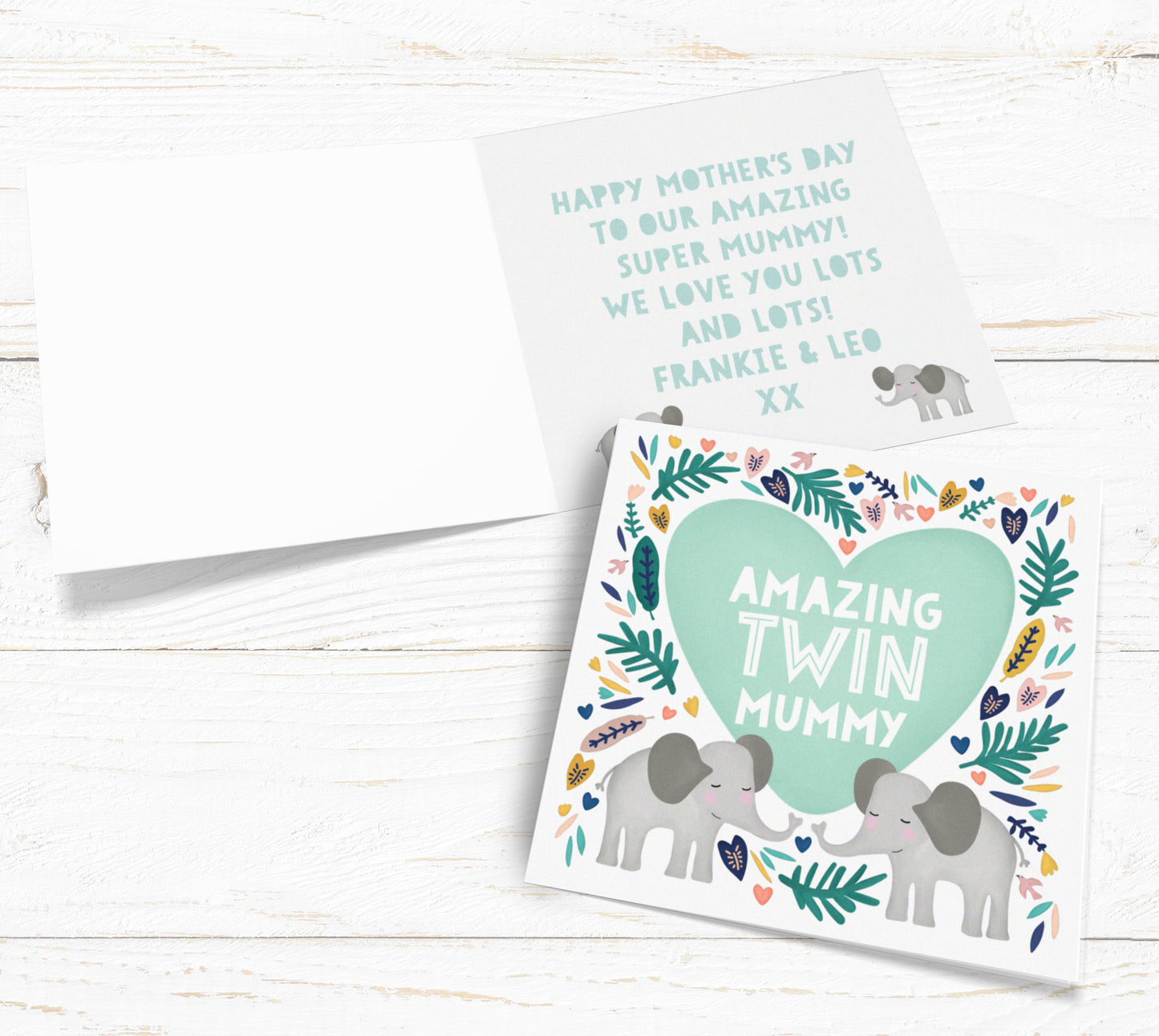Amazing Twin Mummy Elephant Card. Cute twin mummy card. Mother’s Day card. Send Direct Option.