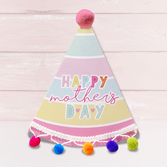 Party Hat Shaped Pom Pom stripy Mother’s Day Personalised Card