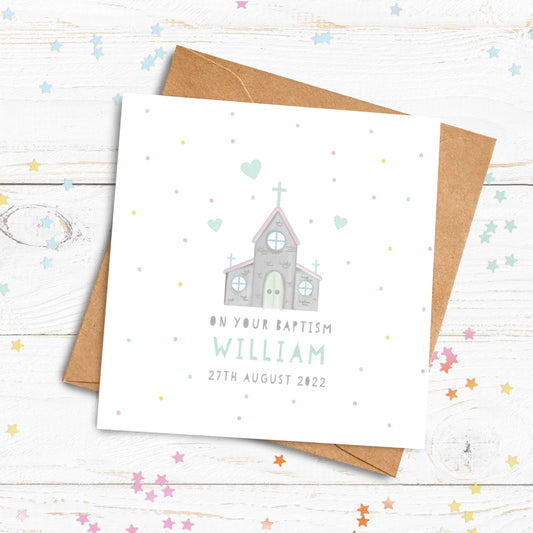 Personalised Cute Church Card. Card for Baptism, Christenings, Holy Communion, Confirmation. Send Direct Option.