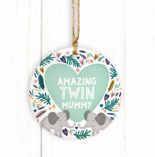 Amazing Twin Mummy elephant  Ceramic Ornament. Personalised Mother’s Day Gift. Cute gift for Mum .