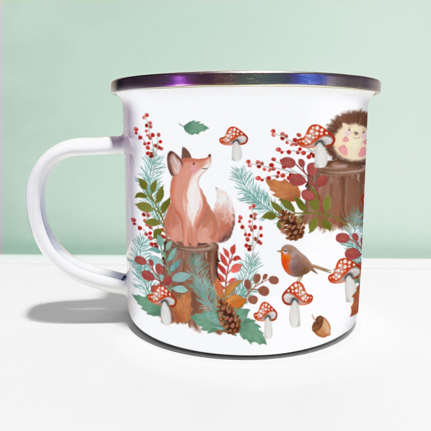 Personalised Woodland Animals Enamel Mug. Personalised Camping cup. Cute Animal Mug.