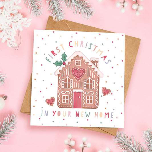 First Christmas in your New Home Gingerbread House Christmas Card. Personalised Christmas Card. Cute Christmas Cards. Send Direct Option.