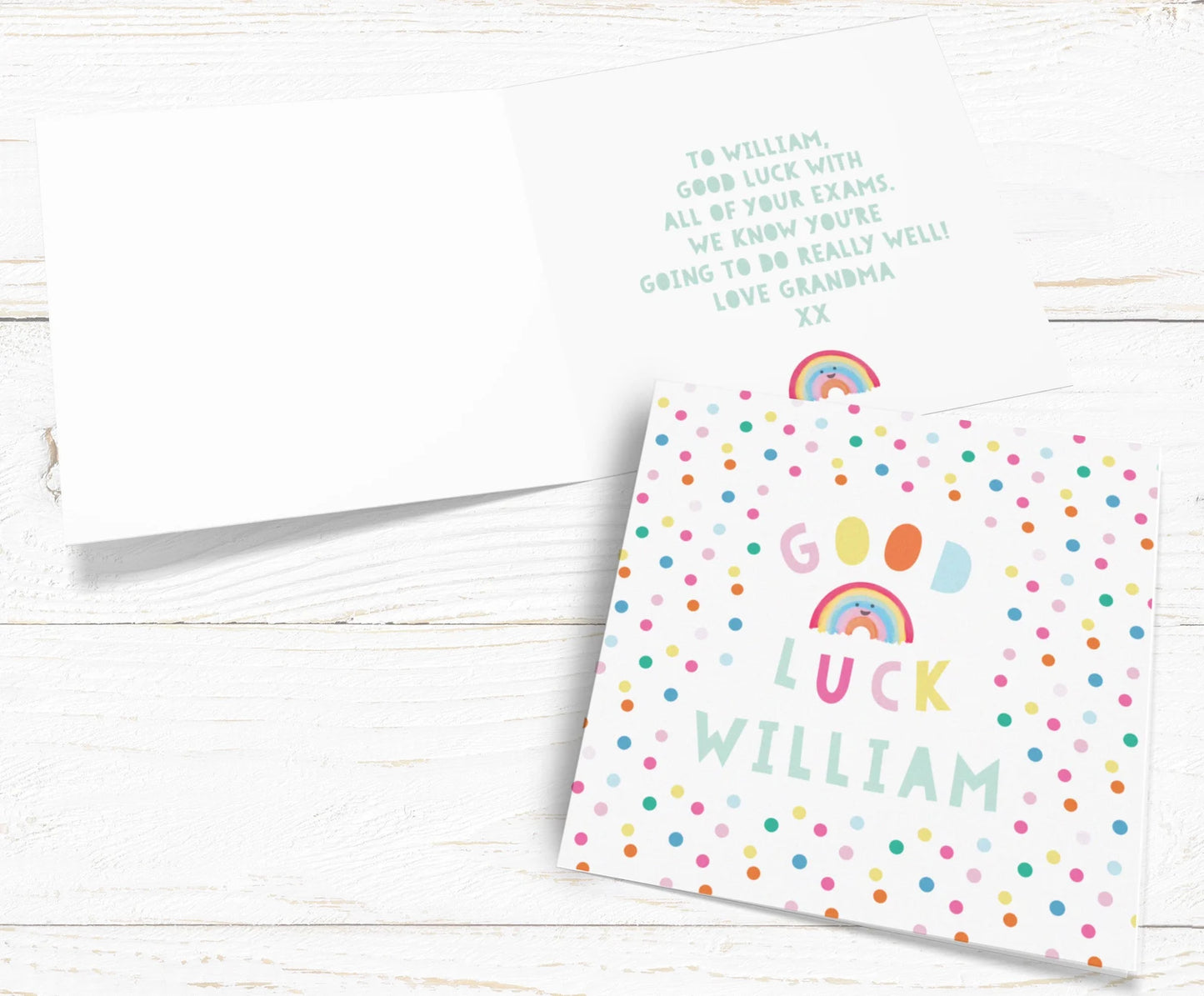Good luck Rainbow Card. Personalised Good luck. New school, new job, taking exams cards. Send Direct Option.