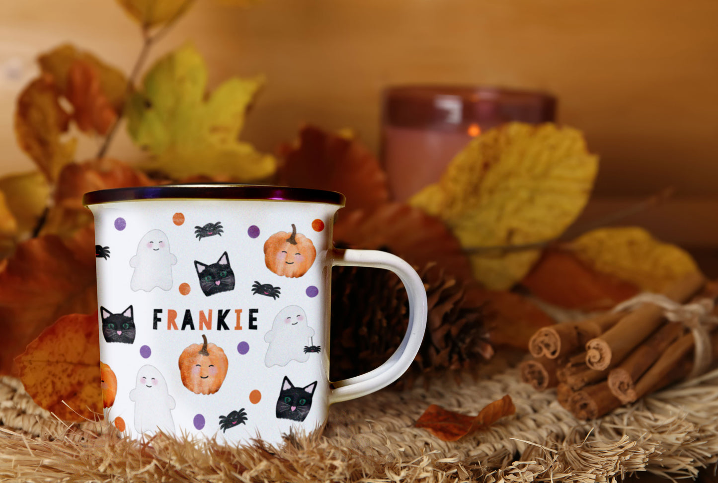 Personalised Halloween Pattern Enamel Mug. Personalised Camping cup. Cute Halloween Mug. Autumnal mug.
