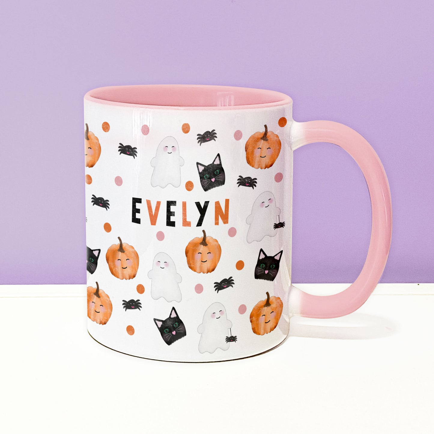 Personalised Halloween Pattern Mug. Halloween mug. Cute pink handle mug. Personalised ceramic mug.