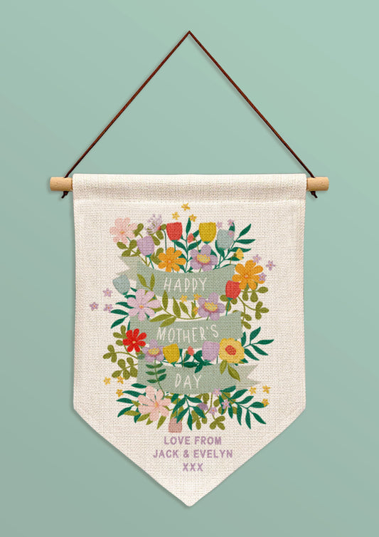 Happy Mother's Day Printed Linen Banner. Personalised Mother's Day Gift. For Mum. Floral Banner Design For Mum.