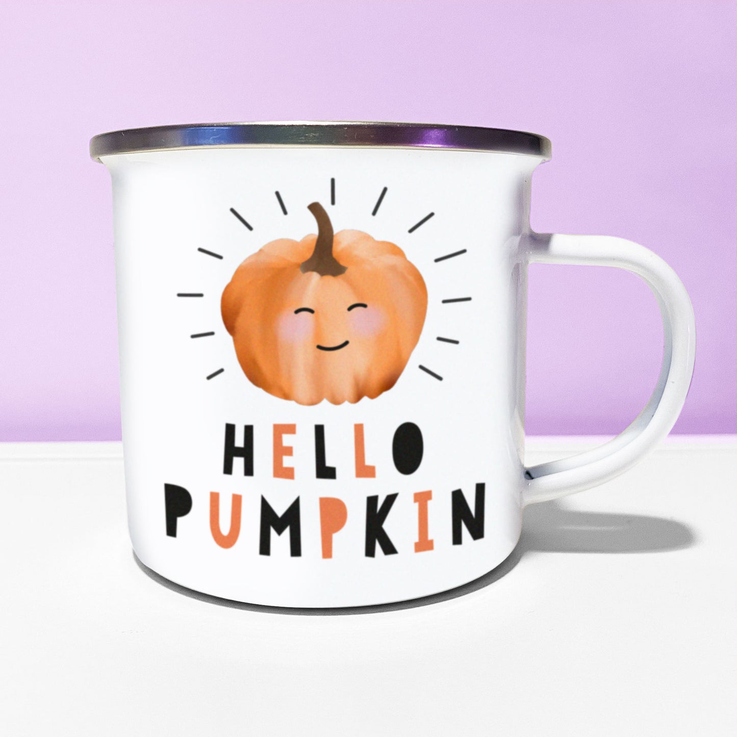 Hello Pumpkin Enamel Mug. Personalised Camping cup. Cute Halloween Mug. Autumnal mug.