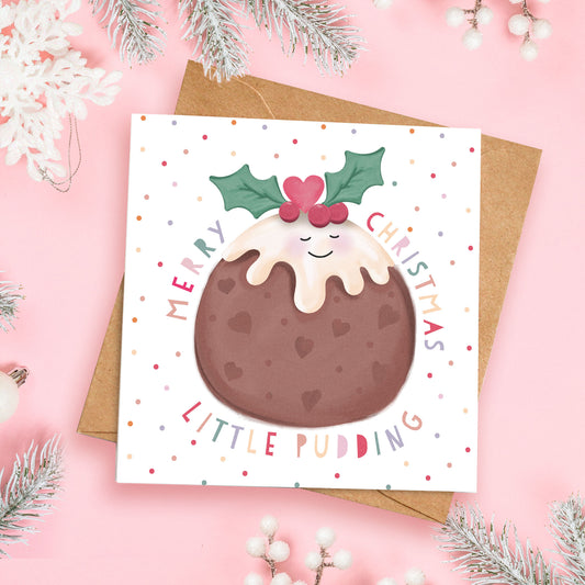 Little Pudding Christmas Card. Personalised Christmas Card. Christmas Pudding Personalised Card. Cute Christmas Cards. Send Direct Option.