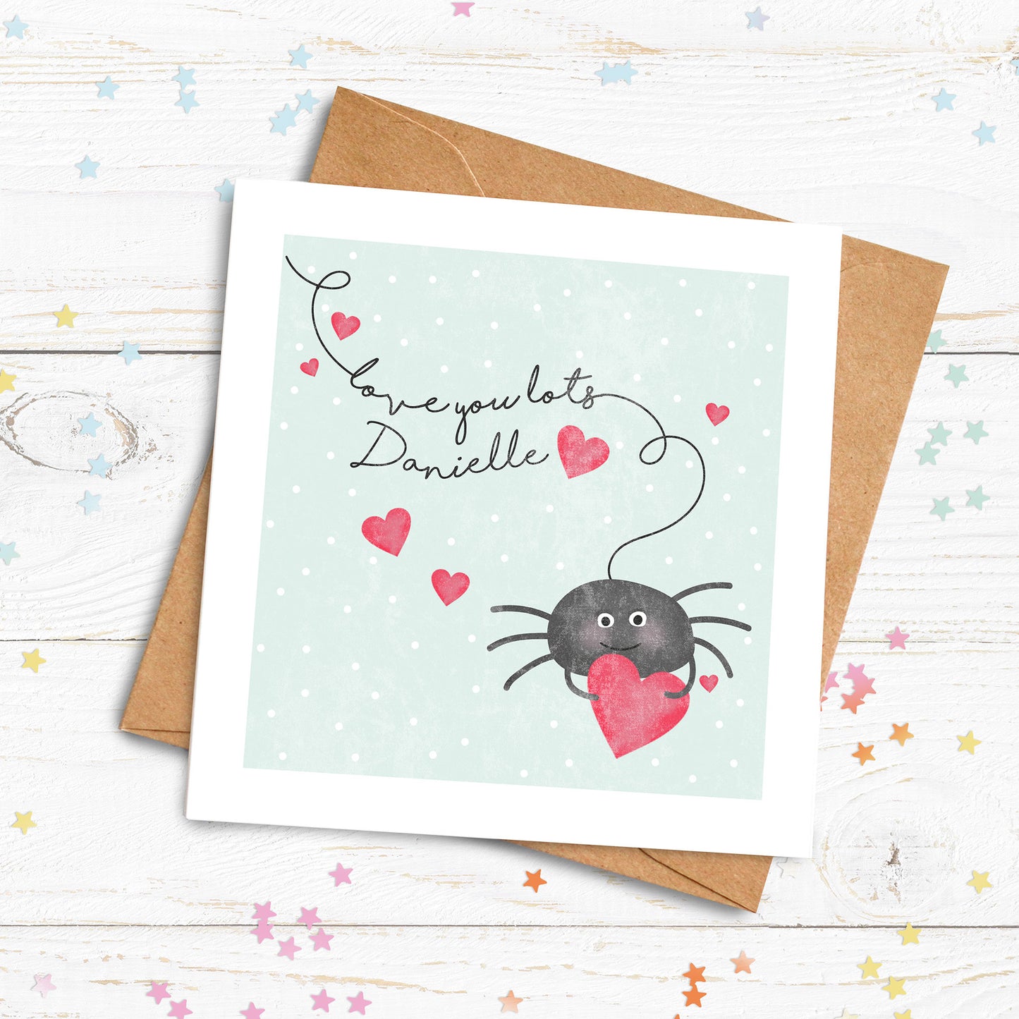 Love You Lots Spider Personalised Card. Cute Valentine's Card. Cute spider card. I Love You Card. Send Direct Option.