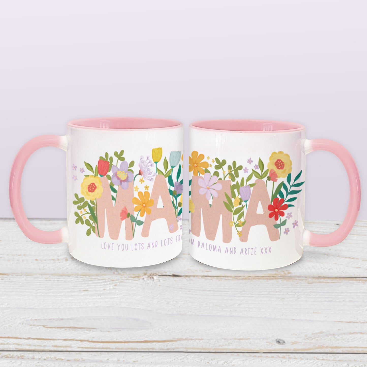 Mama Pink Handled Ceramic Mug. Halloween mug. Cute pink handle mug. Personalised ceramic mug. Mother's Day Mug.