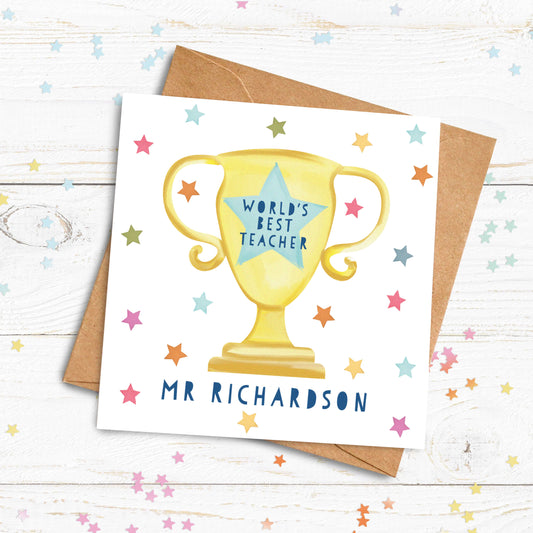 World's Best Teacher Trophy Card. Personalised Teacher Card. Teaching Assistant Card. Personalised Trophy Card. Send Direct Option.