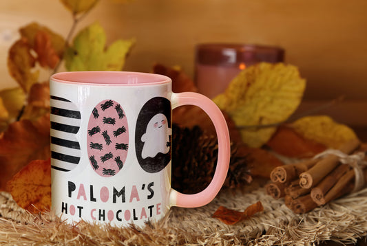 Boo Personalised Pink Handled Mug. Halloween mug. Cute pink handle mug. Personalised ceramic mug.