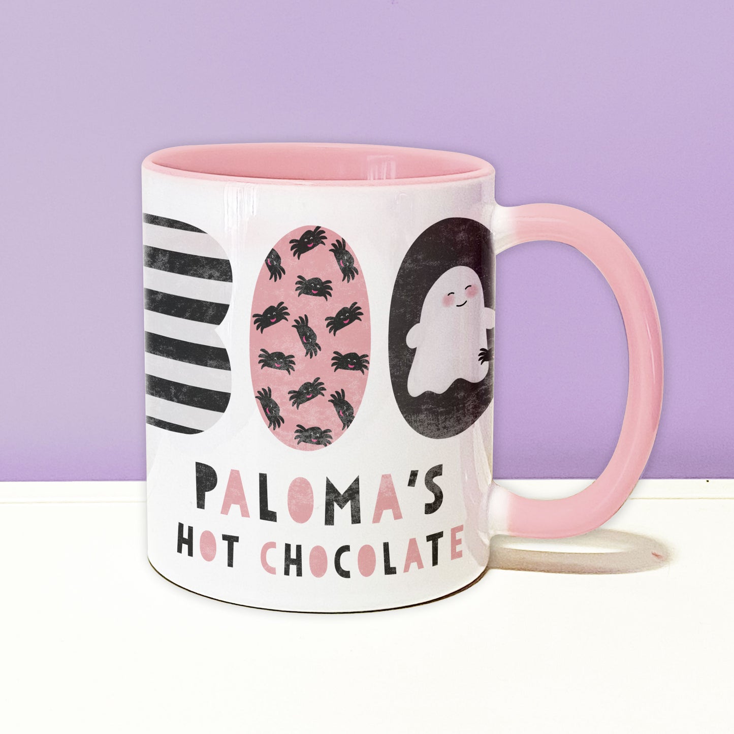 Boo Personalised Pink Handled Mug. Halloween mug. Cute pink handle mug. Personalised ceramic mug.