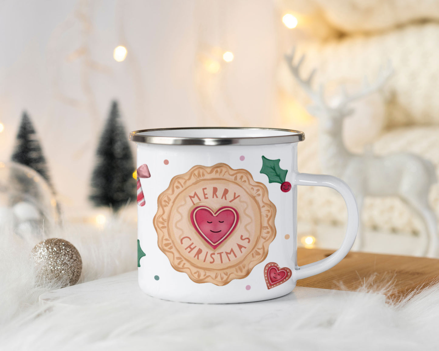 Cute Christmas Single Enamel Mug. Personalised Cup. Choose from: Biscuit, Pudding, Gingerbread Man, Mince Pie, Sprout or Pig in Blanket.