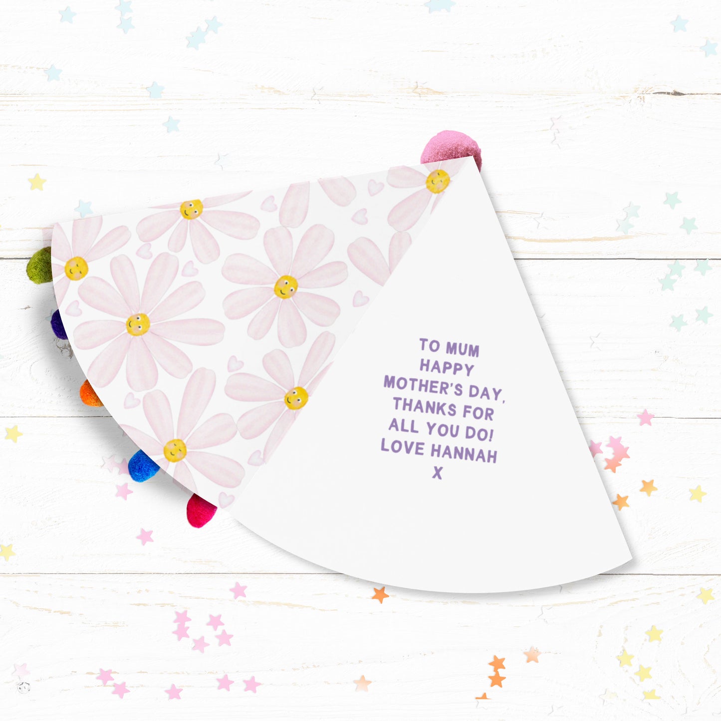 Daisy Party Hat Shaped Pom Pom Personalised Card. Mother's Day Card. Personalised card for Mum, Mummy, Grandma, Granny, Nan etc.