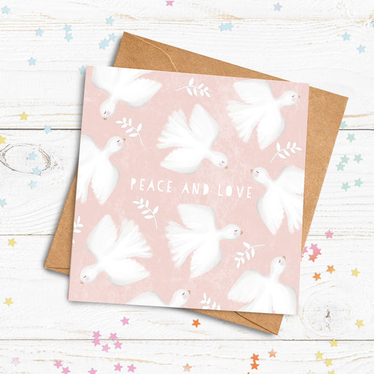 Peace and Love Dove Card Pink. Sympathy Card. Peaceful Christmas Card. Religious Ceremony Card. Send Direct Option.