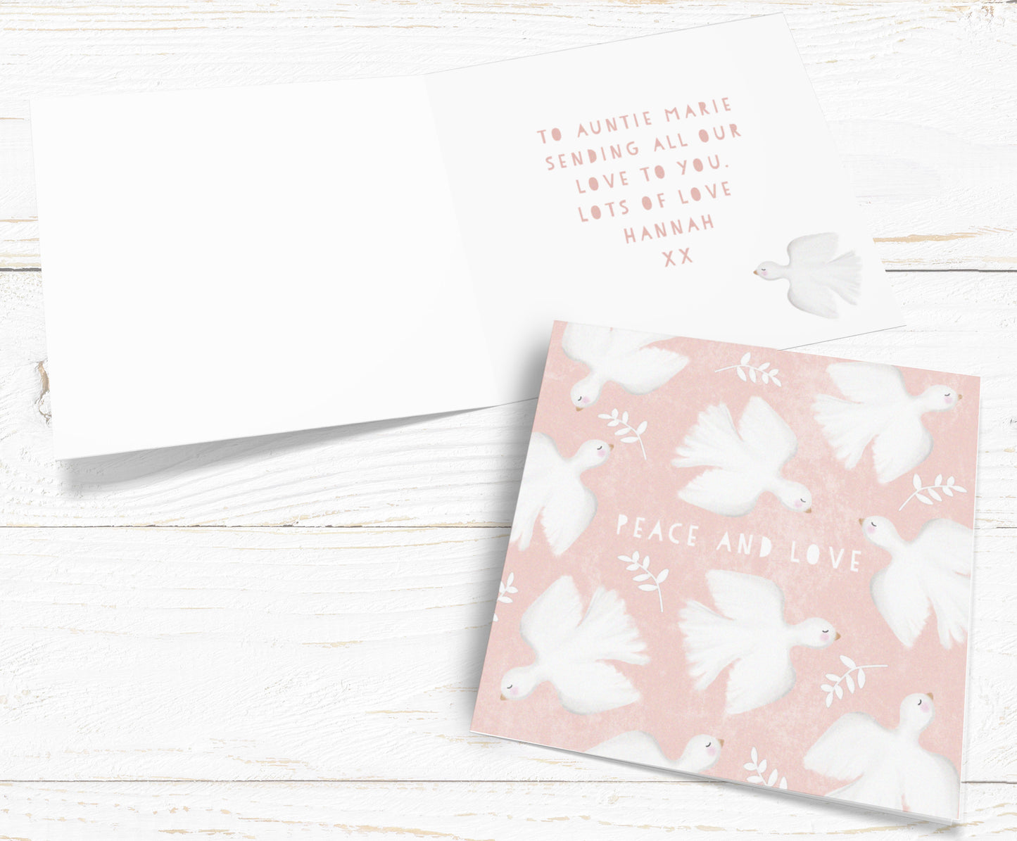 Peace and Love Dove Card Pink. Sympathy Card. Peaceful Christmas Card. Religious Ceremony Card. Send Direct Option.