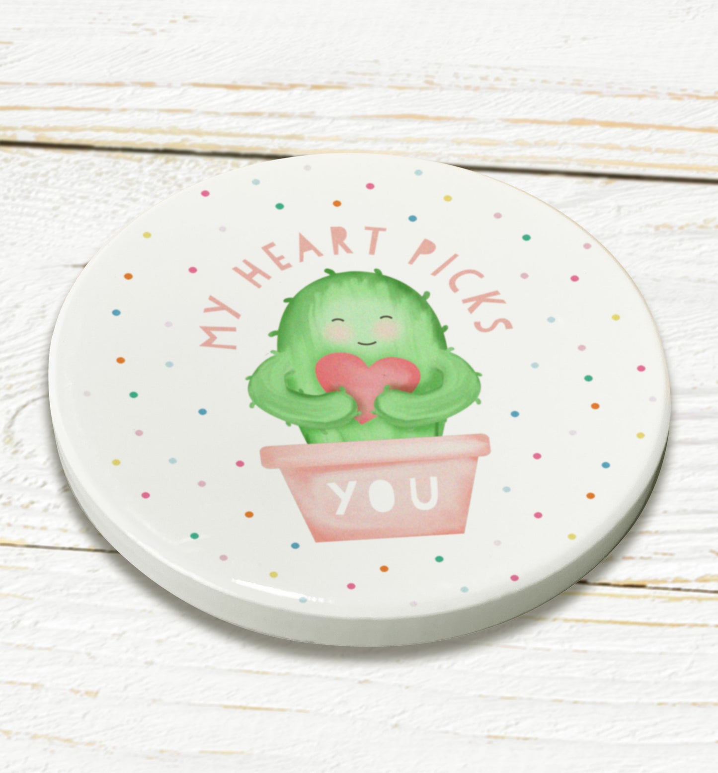 Heart Picks You Cactus Ceramic Coaster. Cute Valentine's Gift.