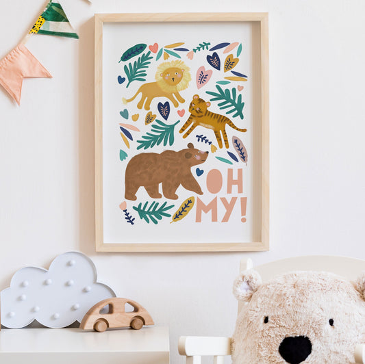 Lions and Tigers and Bears Oh My! Nursery Childs Bedroom Wall Print. New Baby Gift. Christening Gift. Child's Birthday Present.