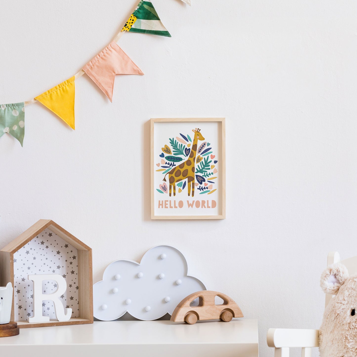 Hello World Giraffe Print. Nursery Childs Bedroom Wall Print. New Baby Gift. Christening Gift. Child's Birthday Present. Naming Day Wall Art