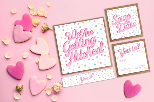 We Are Getting Hitched - Wedding Invite bundle. Pack of 10 Wedding Invite, RSVP, Save the Date and Belly Bands.