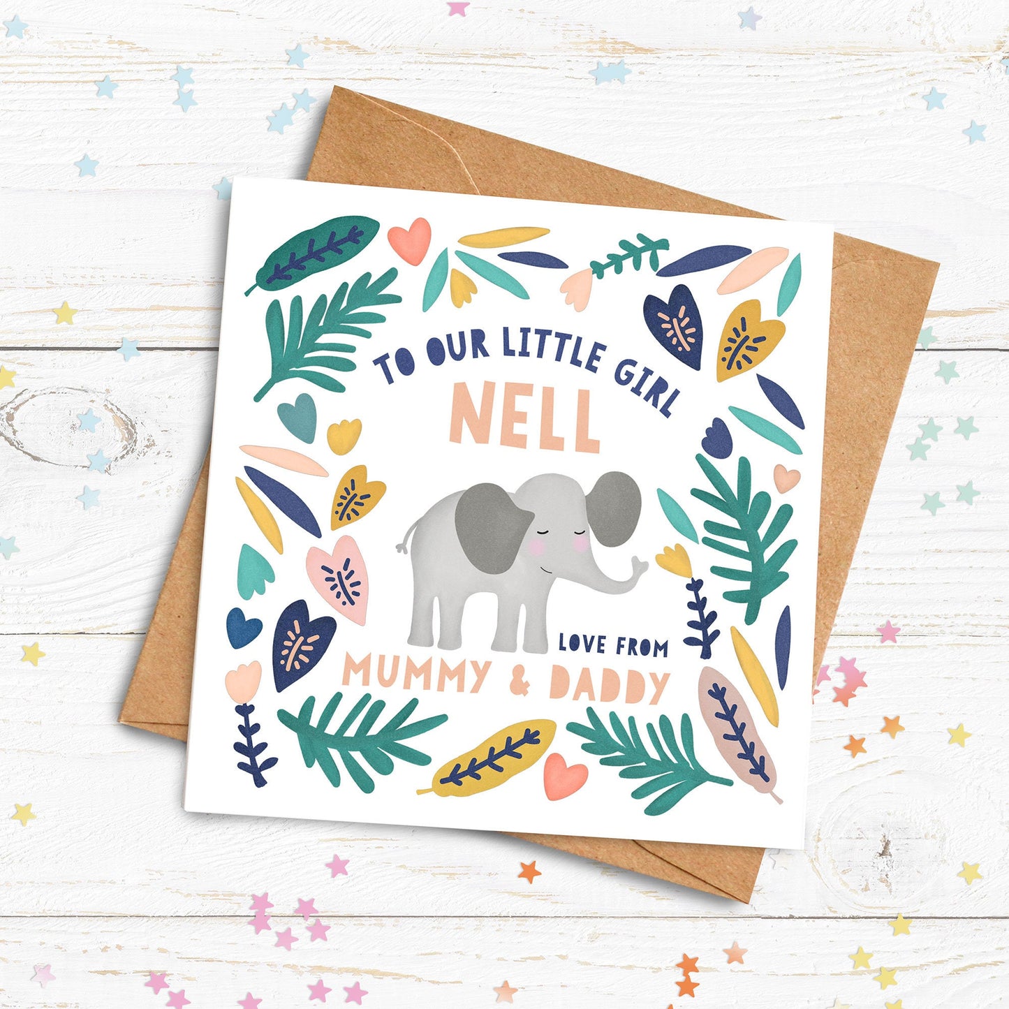 Personalised Little Elephant Card. Happy Birthday Card. Welcome to the world card. Naming Day Card. Send Direct Option.