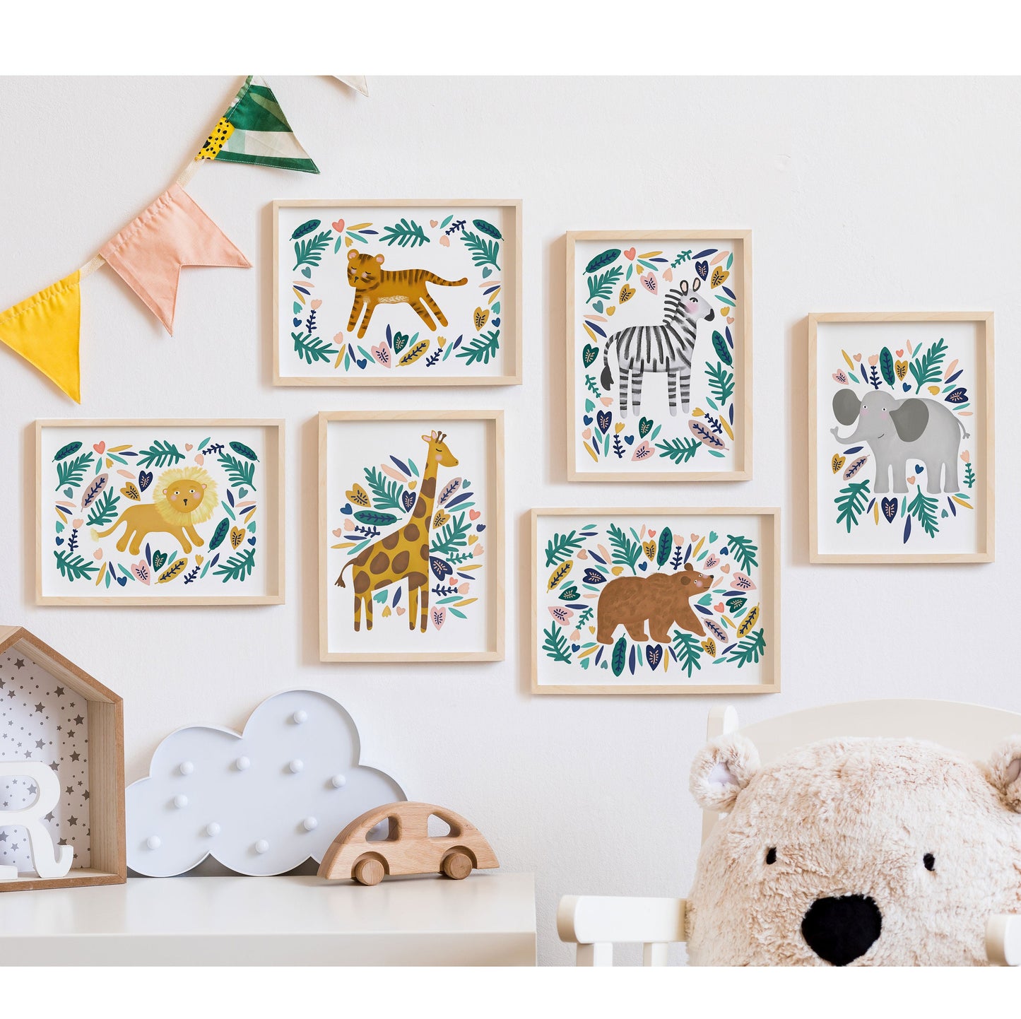 Jungle Animals Wall Prints Bundle. Nursery Room Print Bundle. Cute Children's Room Print Bundle.